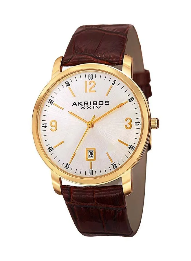 Akribos XXIV Yellow Gold Flashed Alloy on Brown Strap, Silver Dial with Gold Tone Hands