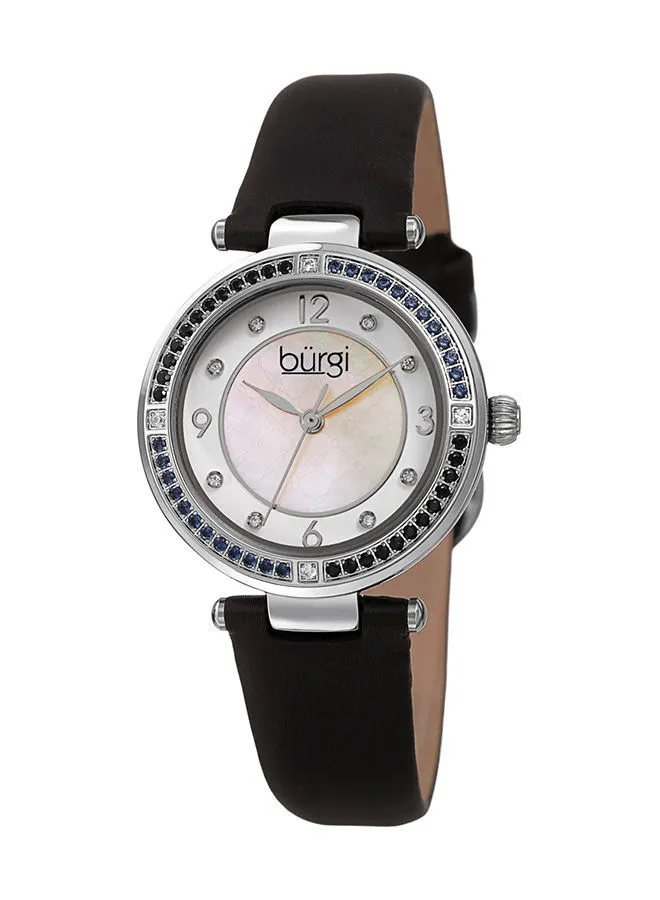Burgi Ion Plated Silver Tone Case with Grey and Black Zirconia Stones, on a Mother-Of-Pearl Dial with Some Crystal Markers, on a Black Satin Strap