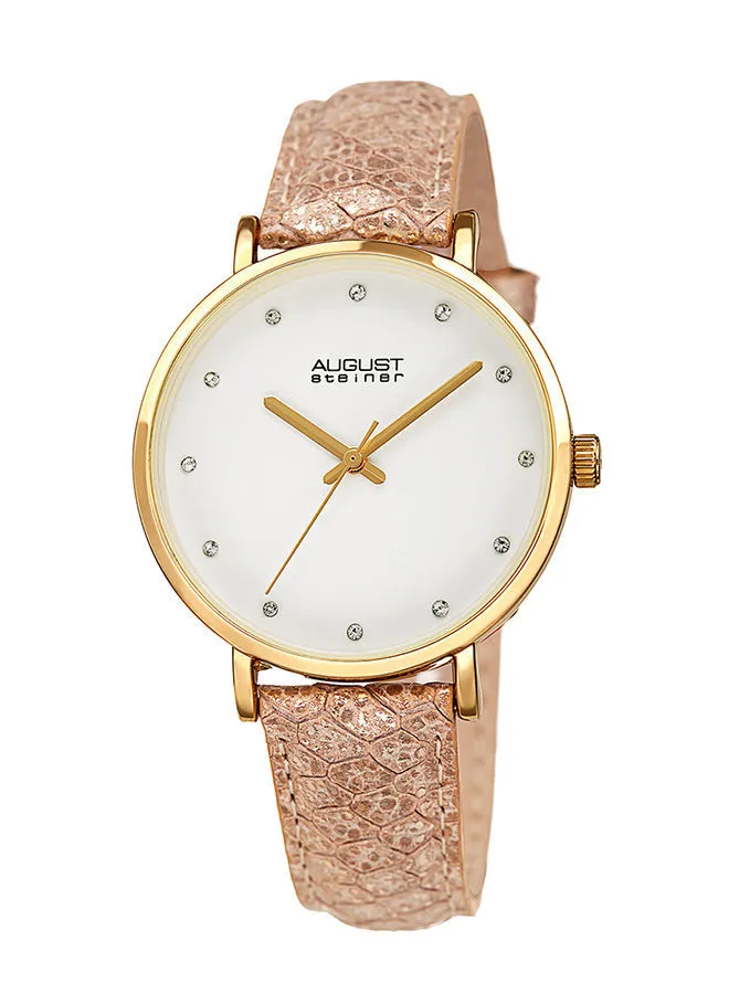 August Steiner Ion Plated Gold Tone Case Watch with Gold Metallic Snakeskin Style Strap, White Dial and Swarovski Crystal Markers