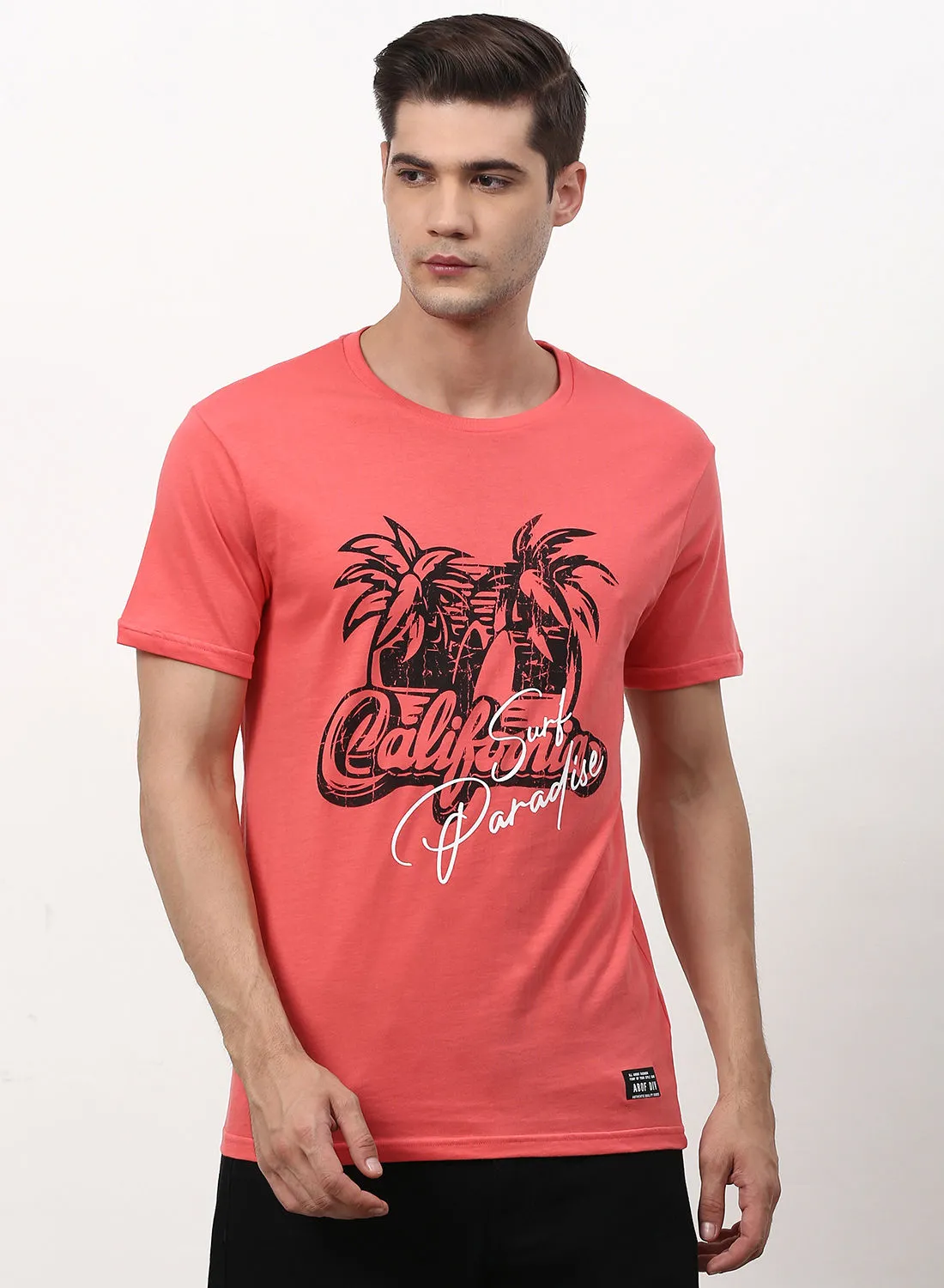 ABOF Graphic Printed Regular Fit Crew Neck T-Shirt Coral