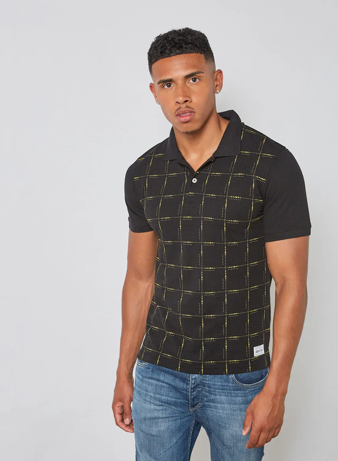 ABOF Checkered Pattern Skinny Fit Collared Neck Polo Black/Yellow