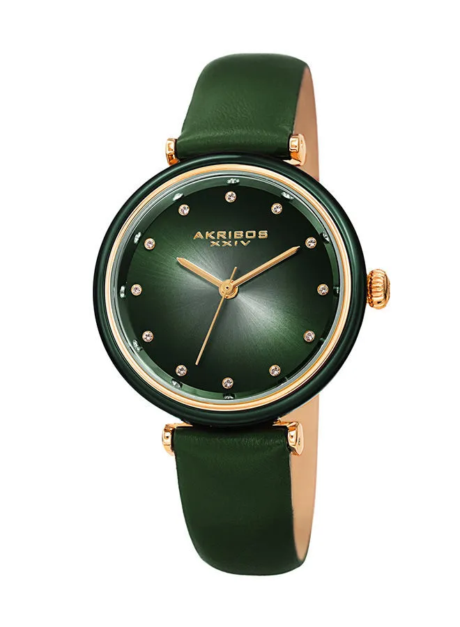 Akribos XXIV Ion Plated Gold Tone Case Watch with Green Bezel, Gradient Dial and Leather Strap, with Swarovski Crystal Markers