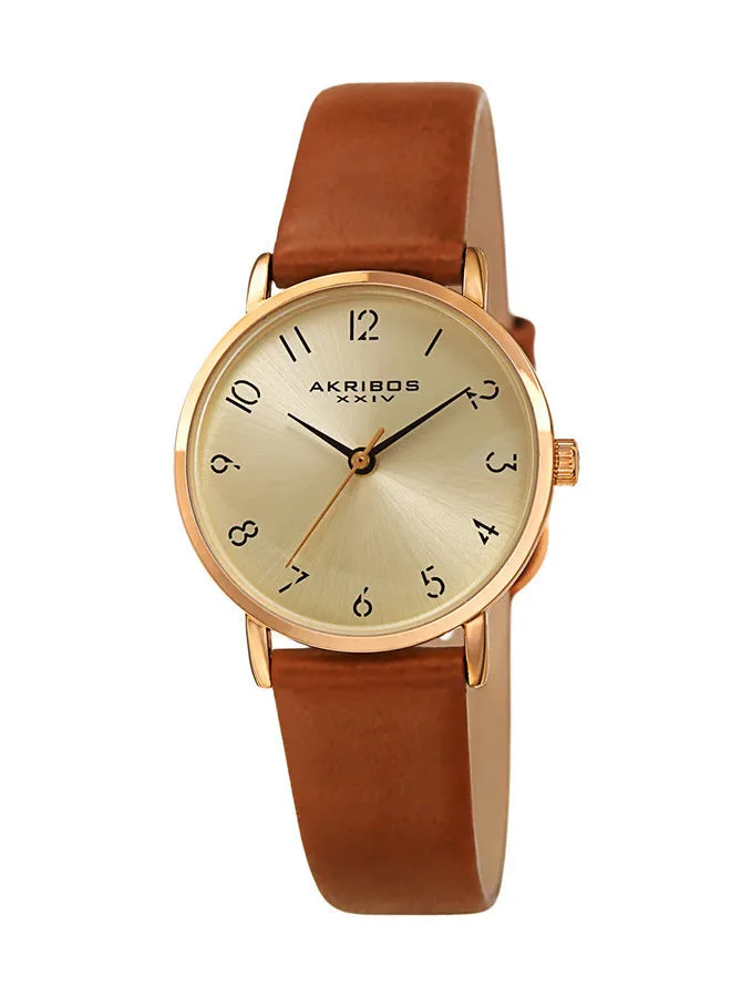 Akribos XXIV Ion Plated Gold Tone Petite Case with Domed Crystal, a Gold Dial and Tan Brown Leather Strap