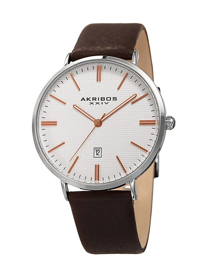 Akribos XXIV Silver Tone Case on Dark Brown Strap, Silver Dial with Rose Gold Tone Hands