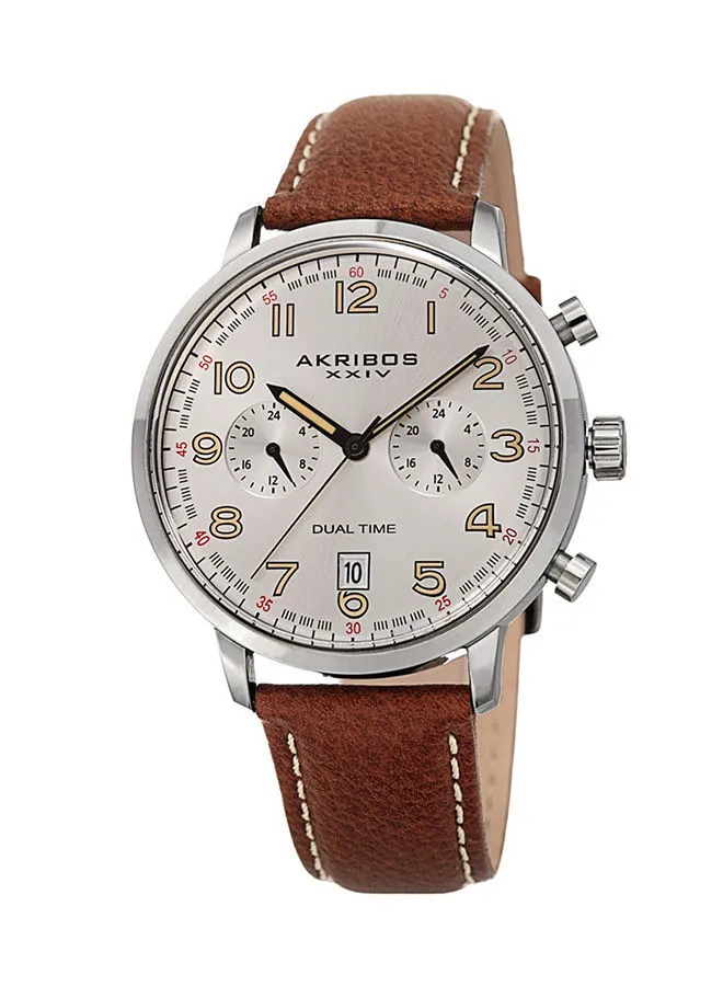 Akribos XXIV Silver Tone Case on Light Brown Strap, Silver Dial with Black Hands