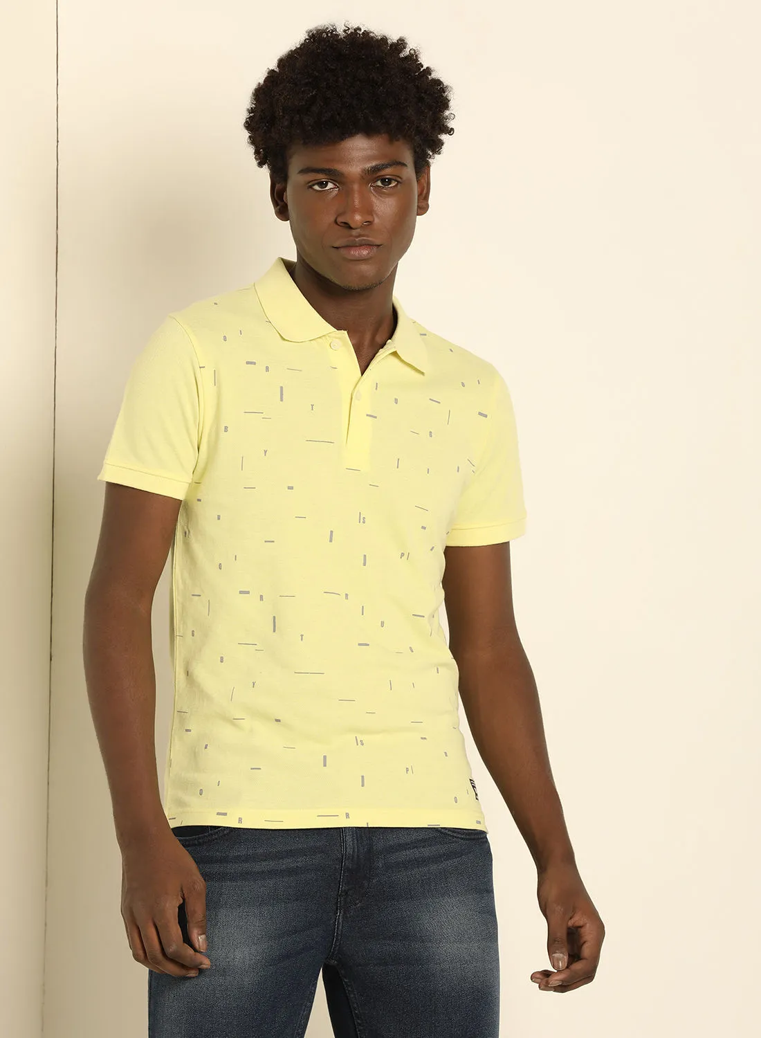 ABOF Printed Regular Fit Collared Neck Polo Yellow/Grey