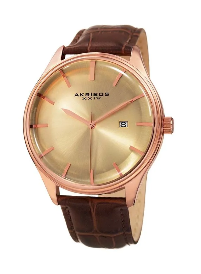 Akribos XXIV Rose Gold Tone Case on Brown Strap, Gold Dial with Rose Gold Tone Hands