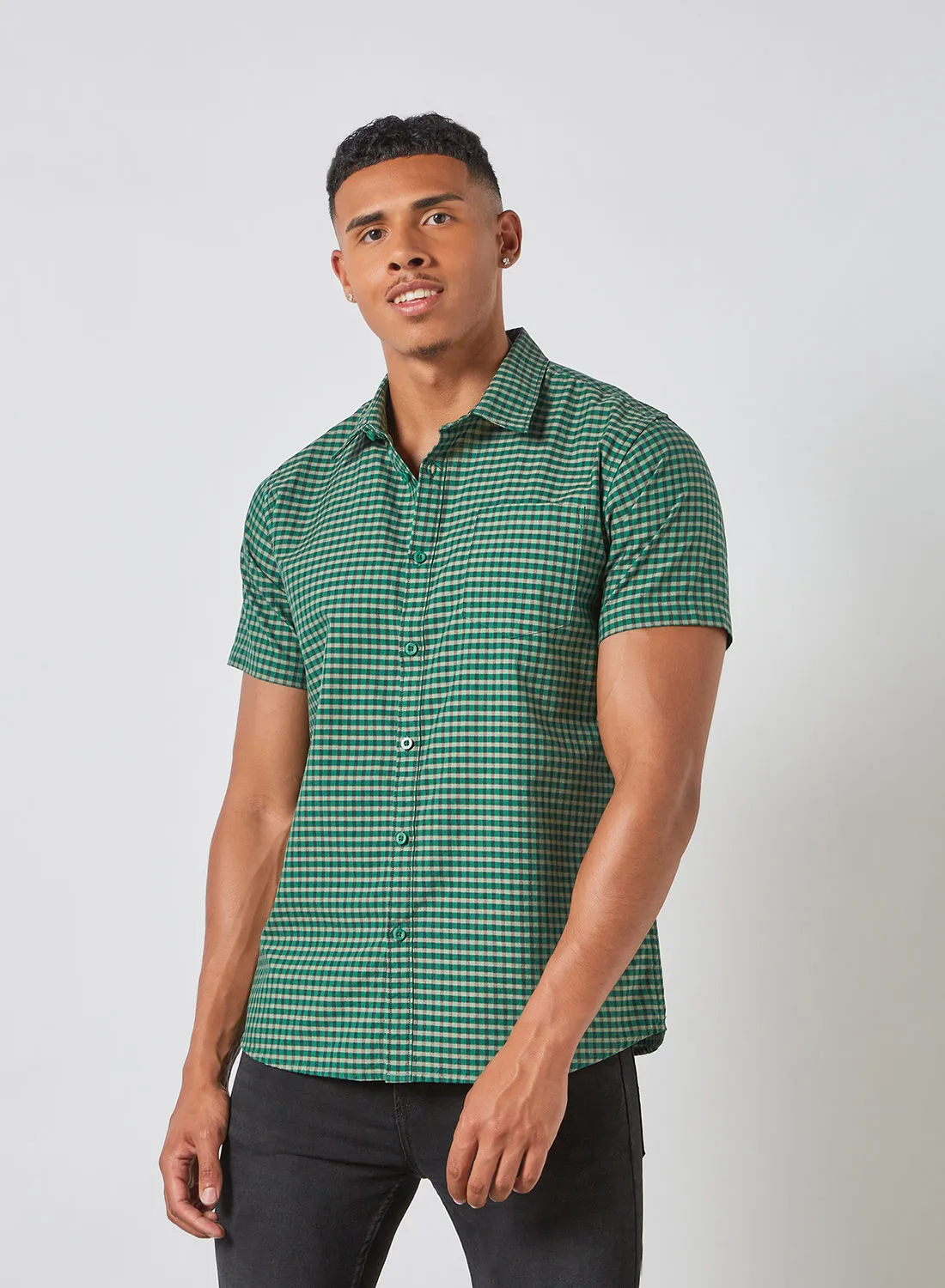 ABOF Checkered Pattern Regular Fit Short Sleeve Shirt Sea Green