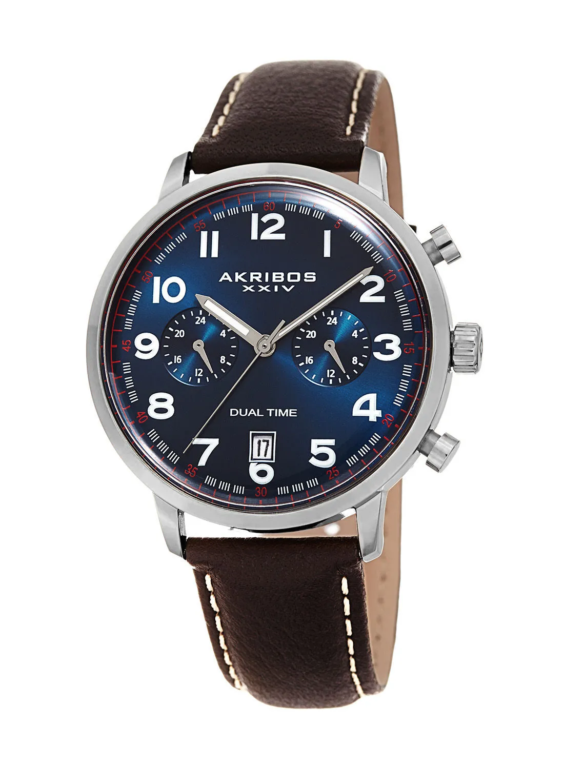 Akribos XXIV Silver Tone Case on Dark Brown Strap, Blue Dial with Silver Tone Hands
