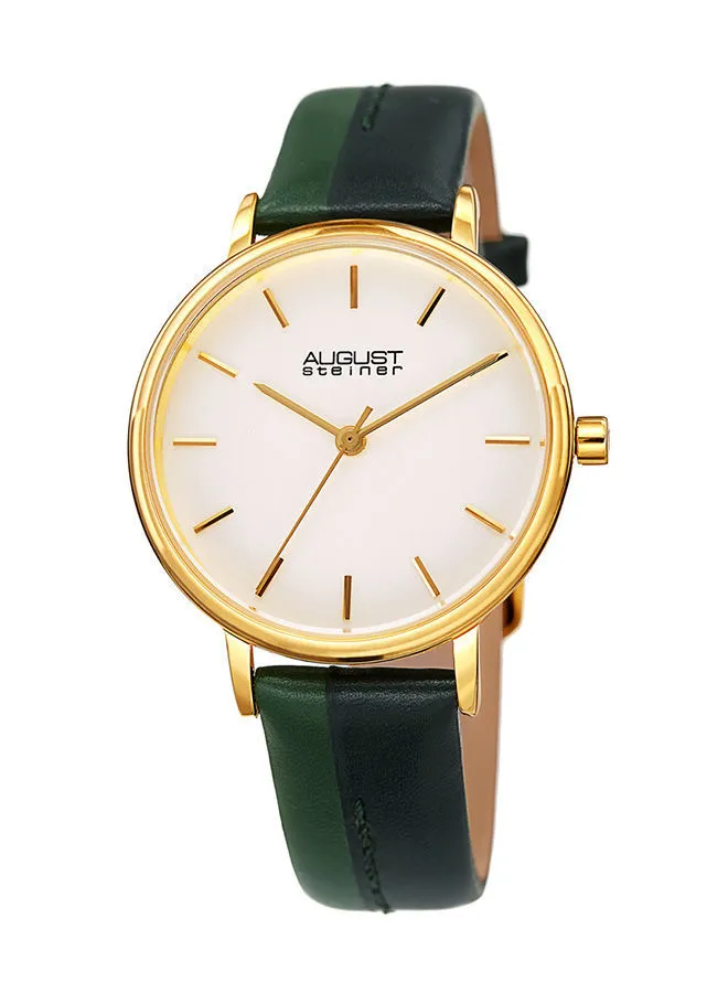 August Steiner Ion plated Gold Tone Case with Green and Dark Green Leather Strap, White Dial and Gold Tone Accents
