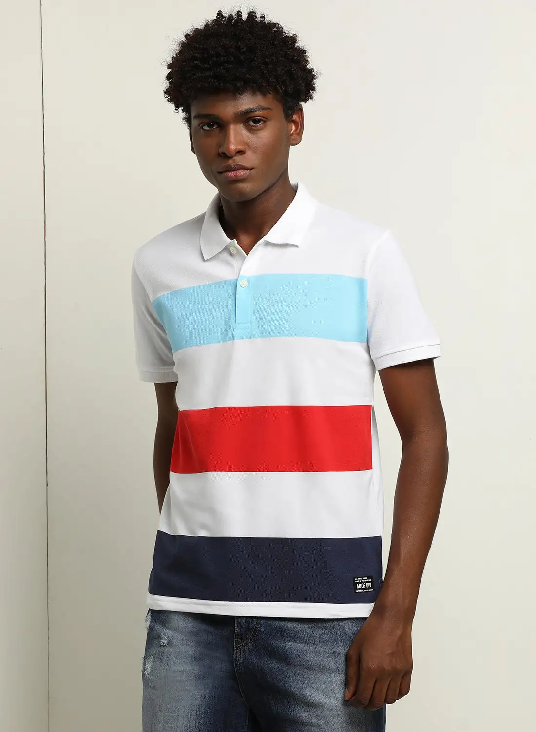 ABOF Colourblocked Regular Fit Collared Neck Polo White/Blue/Red