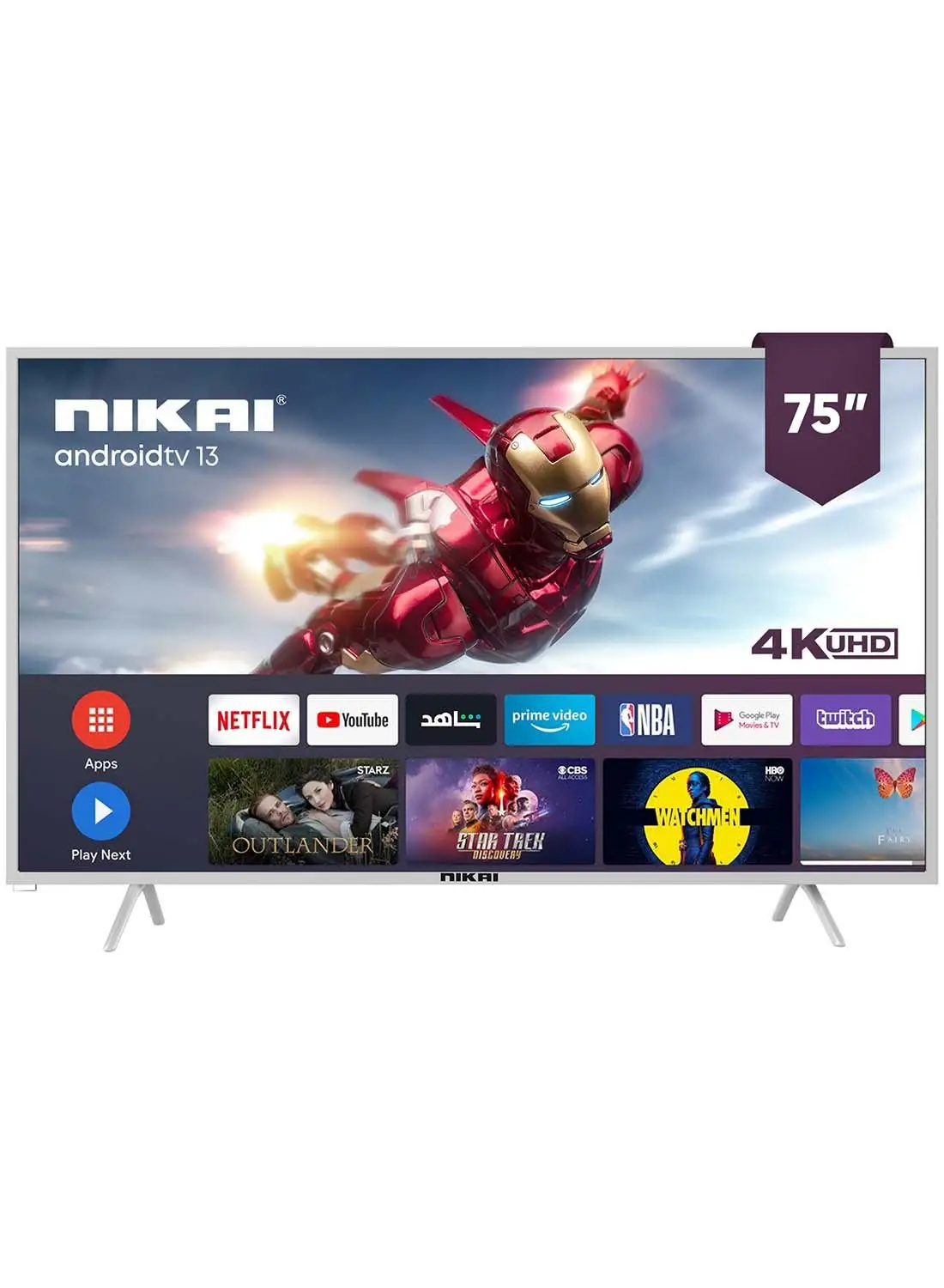 NIKAI 75 Inch Smart LED TV, Frameless Design, Built-In Wi-Fi, Smart Apps Shahid, YouTube, Netflix, Amazon, HDMI And USB Connectivity, Quad-Core, 1GB RAM, 8 GB Memory, Auto Power Off UHD75SLEDT Silver