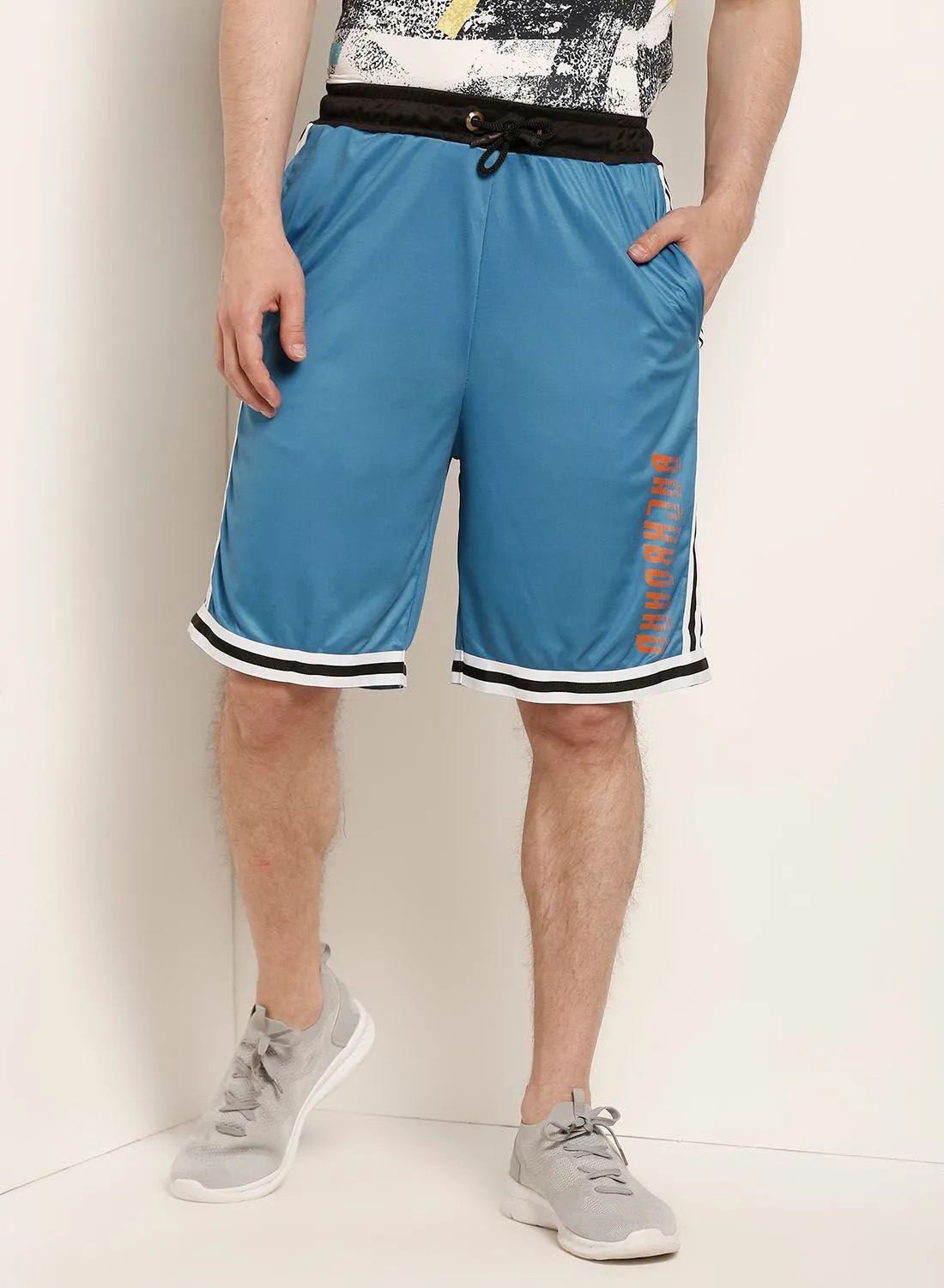 ABOF Contrast Stripe Detail Elastic Waistband Drawstring Shorts Blue
