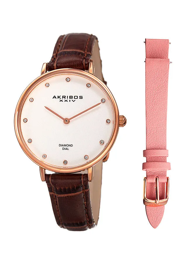 Akribos XXIV Rose Gold Tone Case on Brown Strap, Silver Dial with Rose Gold Tone Hands