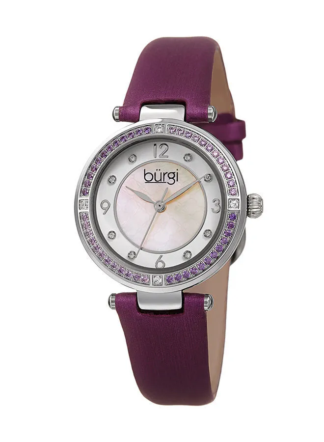 Burgi Ion Plated Silver Tone Case with Light and Dark Purple Zirconia Stones, on a Mother-Of-Pearl Dial with Some Crystal Markers, on a Purple Satin Strap