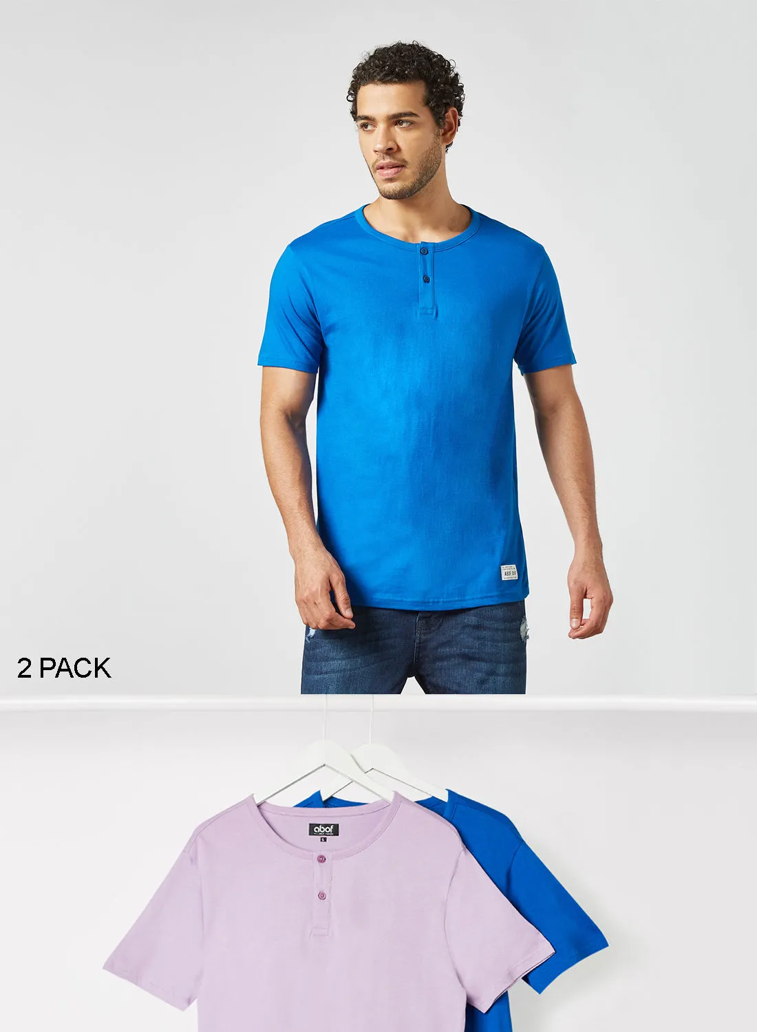 ABOF 2 Pack Of Henley Neck Regular Fit Plain T-Shirt Blue/Purple