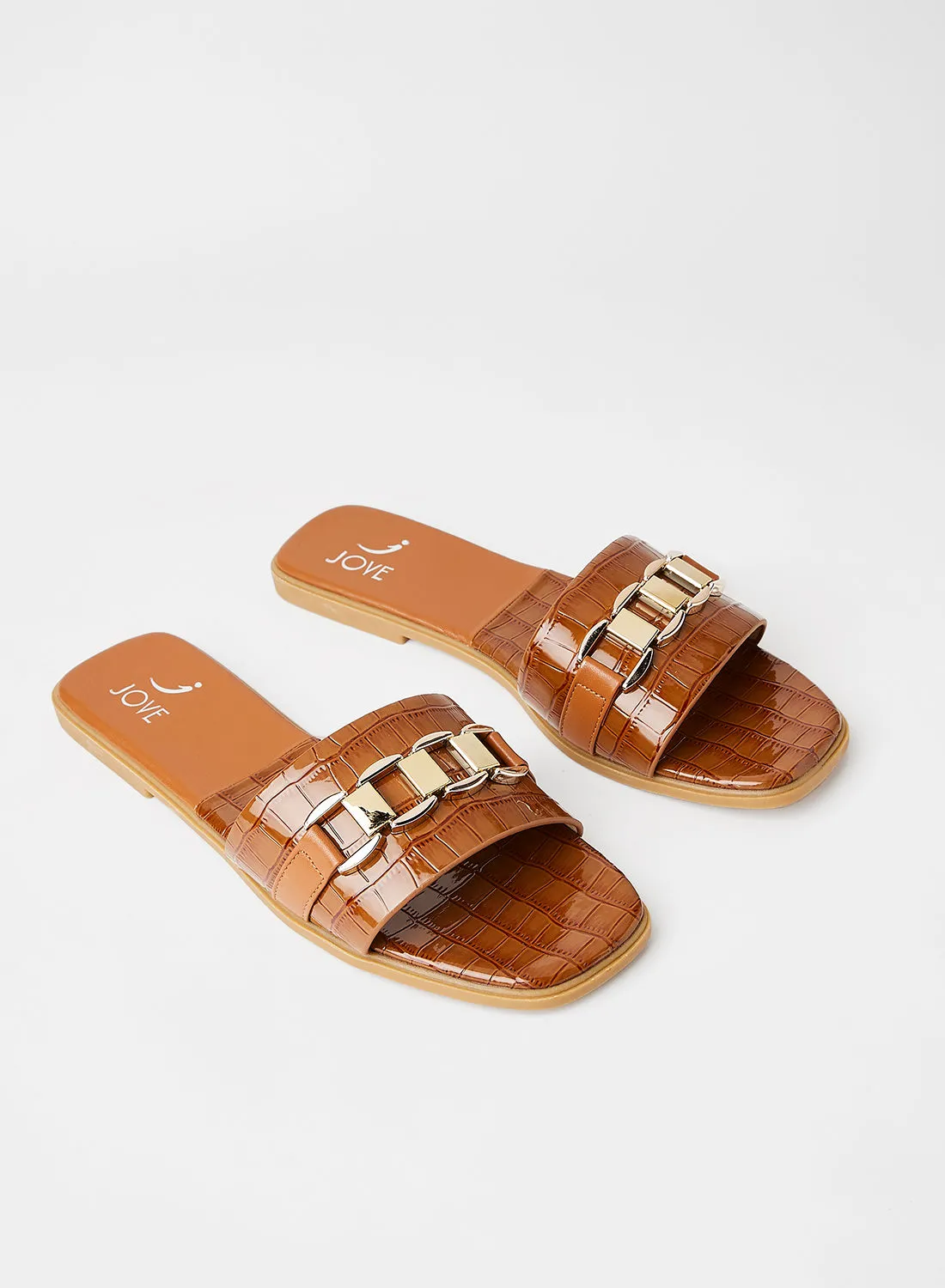 Jove Chain Detail Flat Sandals Tan