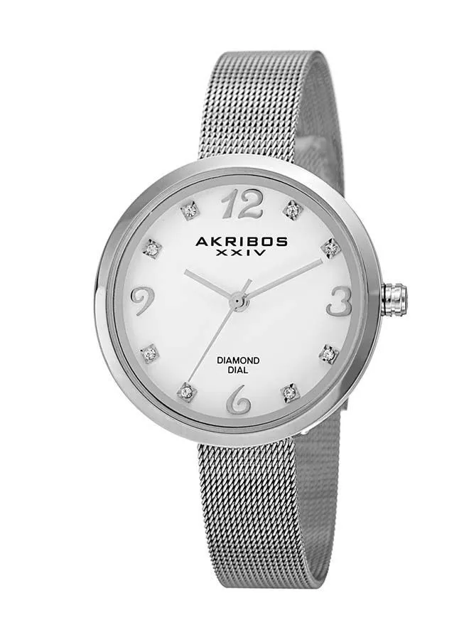 Akribos XXIV Silver Tone Case on Silver Bracelet, White Dial with Silver Tone Hands