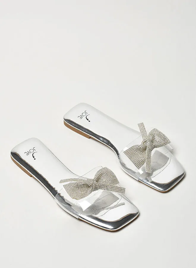 Jove Stone Embellished Broad Strap Square Toe Flat Sandals Silver/Clear