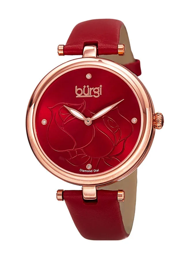 Burgi Rose Gold Plated Watch with Red Dial and Red Leather Band