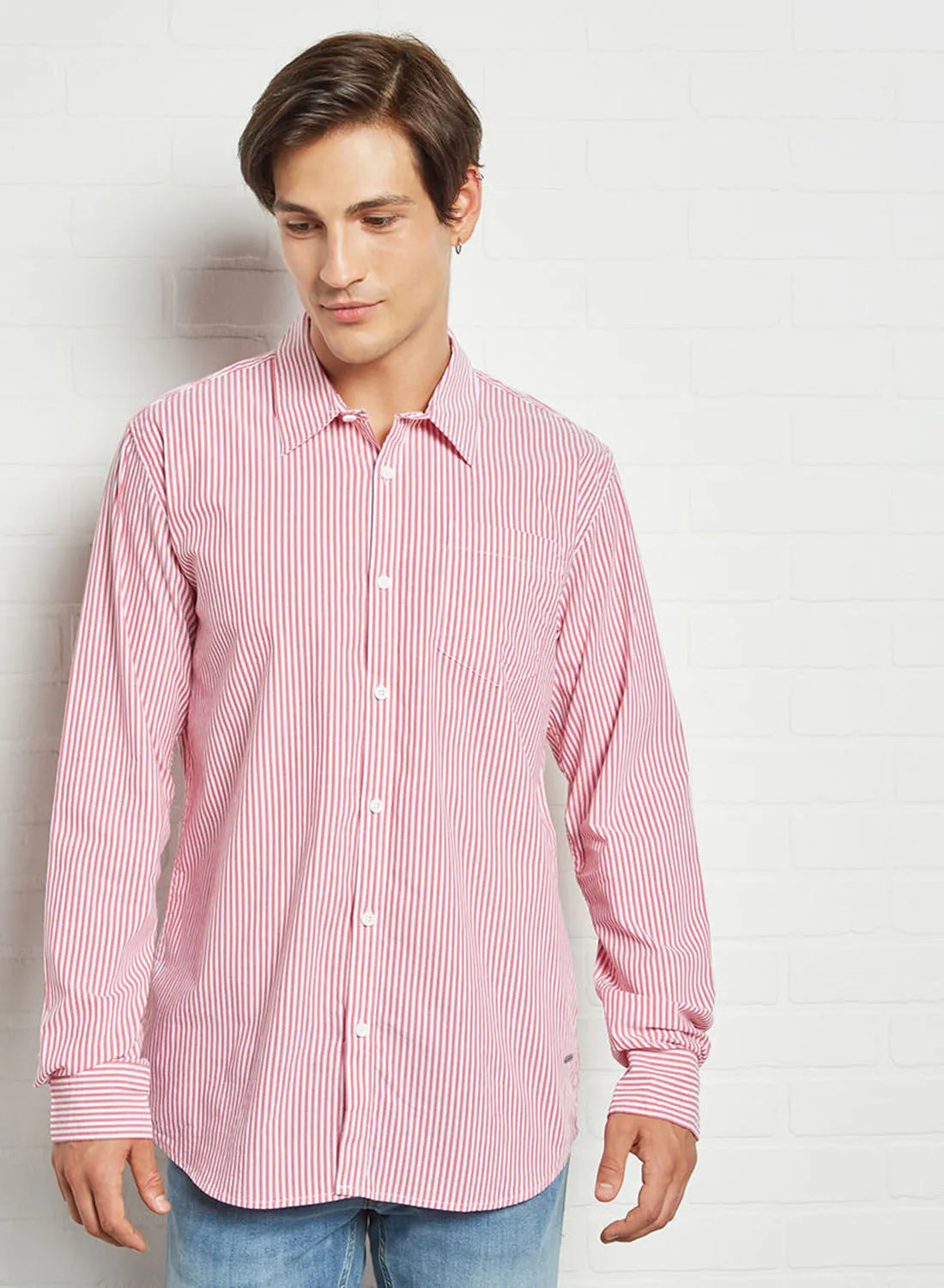 ABOF Stripes Printed Regular Fit Collared Neck Shirt Pink/White