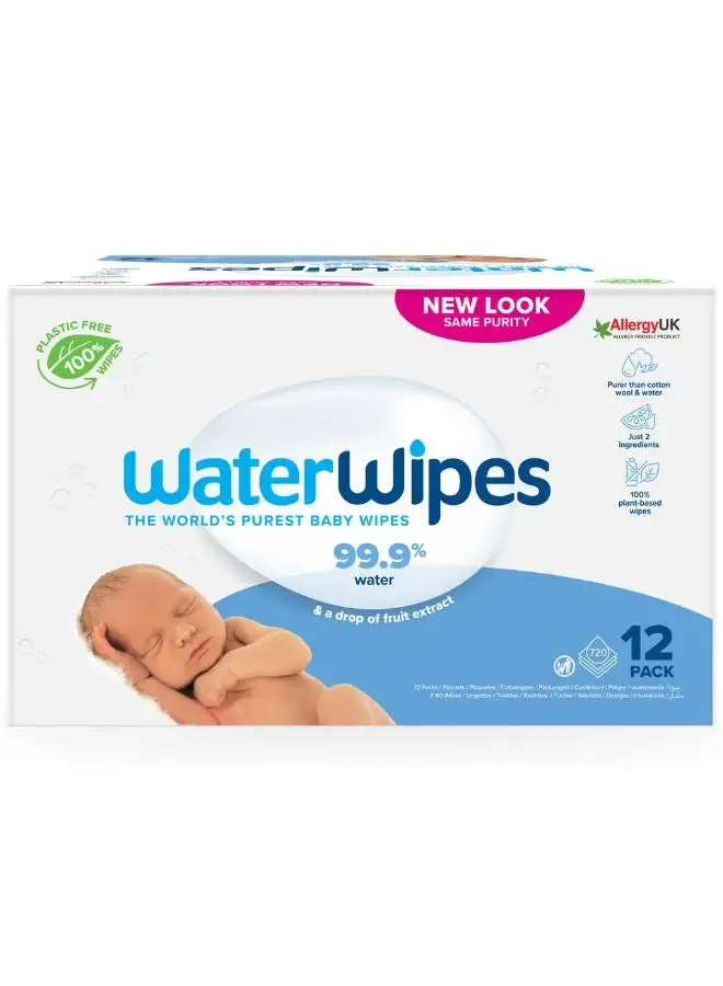 WaterWipes Original Plastic Free Baby Wipes, 720 Wet Wipes, 99.9% Water Based And Unscented For Sensitive Skin Pack of 12