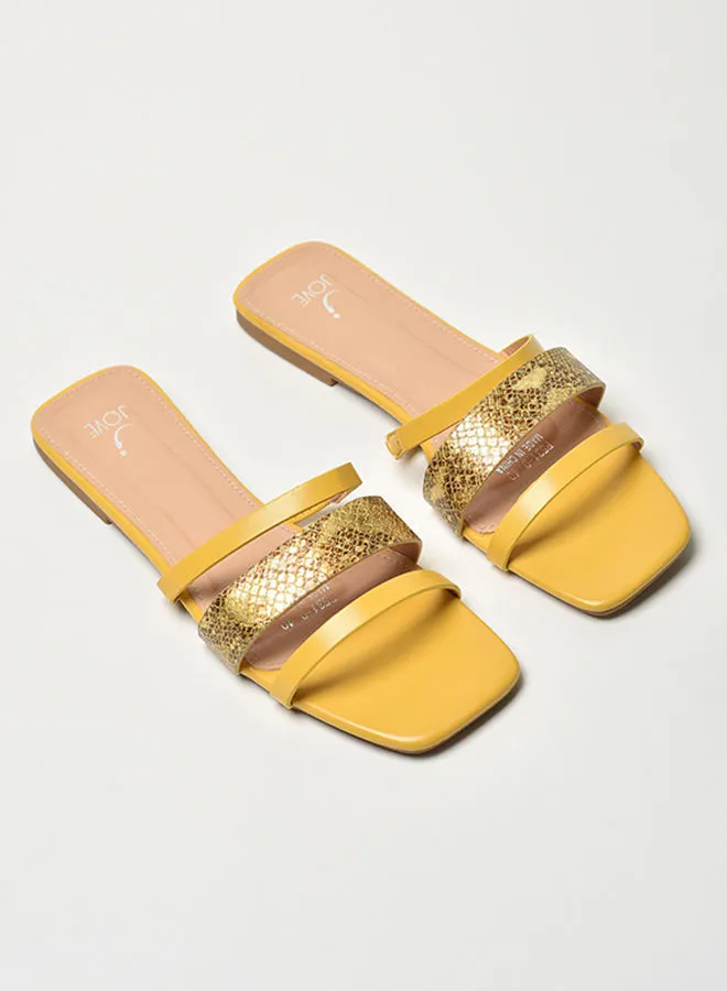 Jove Animal Pattern Triple Strap Flat Sandals Mustard