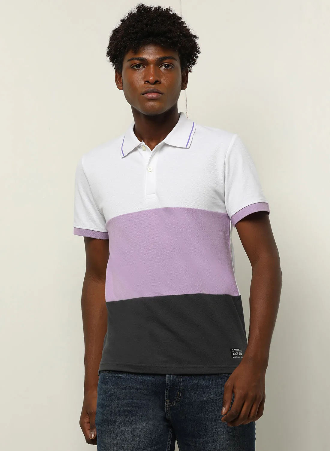 ABOF Colourblocked Regular Fit Collared Neck Polo Grey/Purple/White