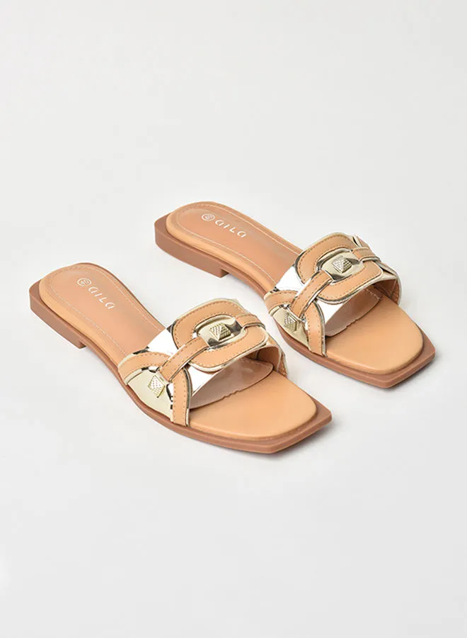 Aila Slip-On Detail Flat Sandals Light Beige/Gold