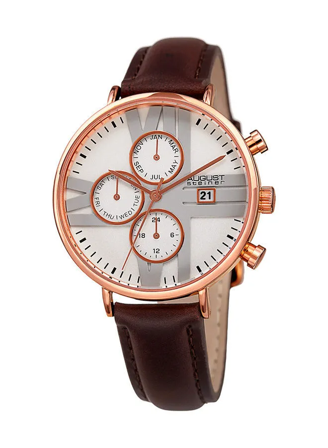 August Steiner Rose Gold Tone Case on Brown Strap, Silver Dial with Rose Gold Tone Hands