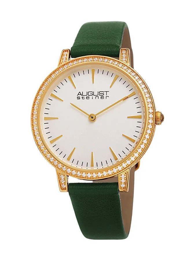 August Steiner Ion Plated Gold Tone Slim Case with Crystals, Green Strap and White Dial