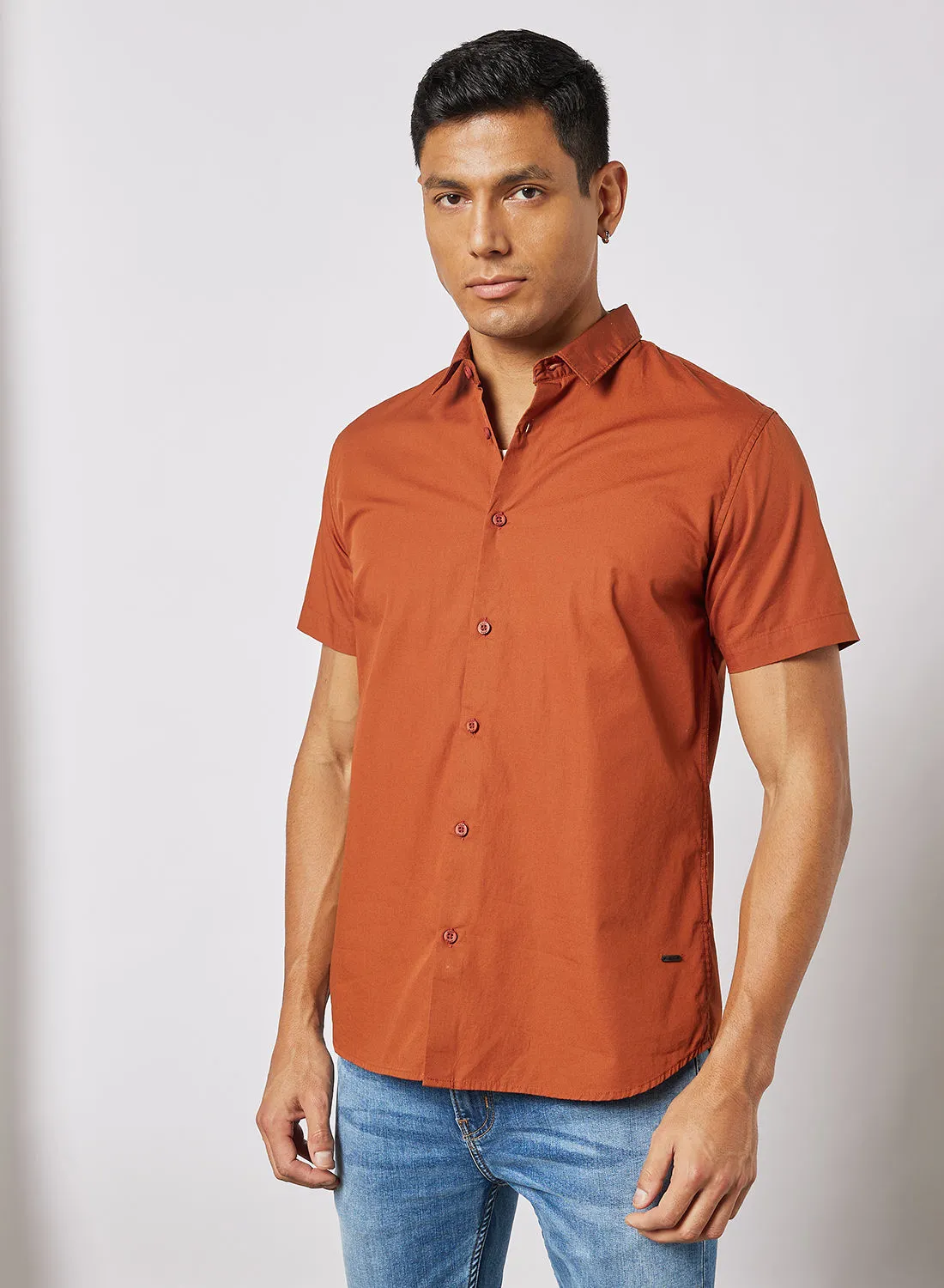 ABOF Men Casual Short Sleeves Regular Fit Plain Shirt Rust