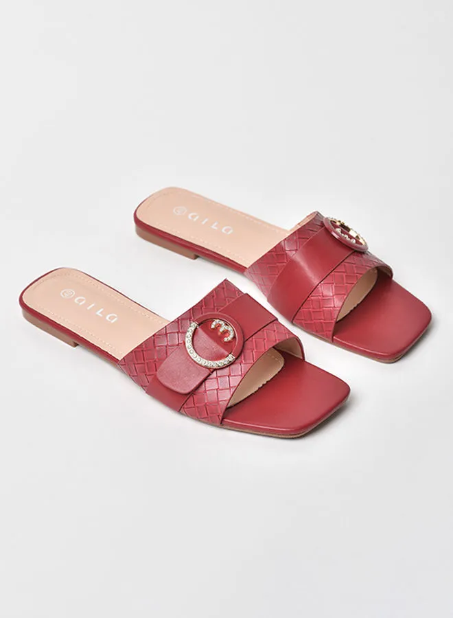 Aila Checked Pattern Broad Strap Flat Sandals Maroon