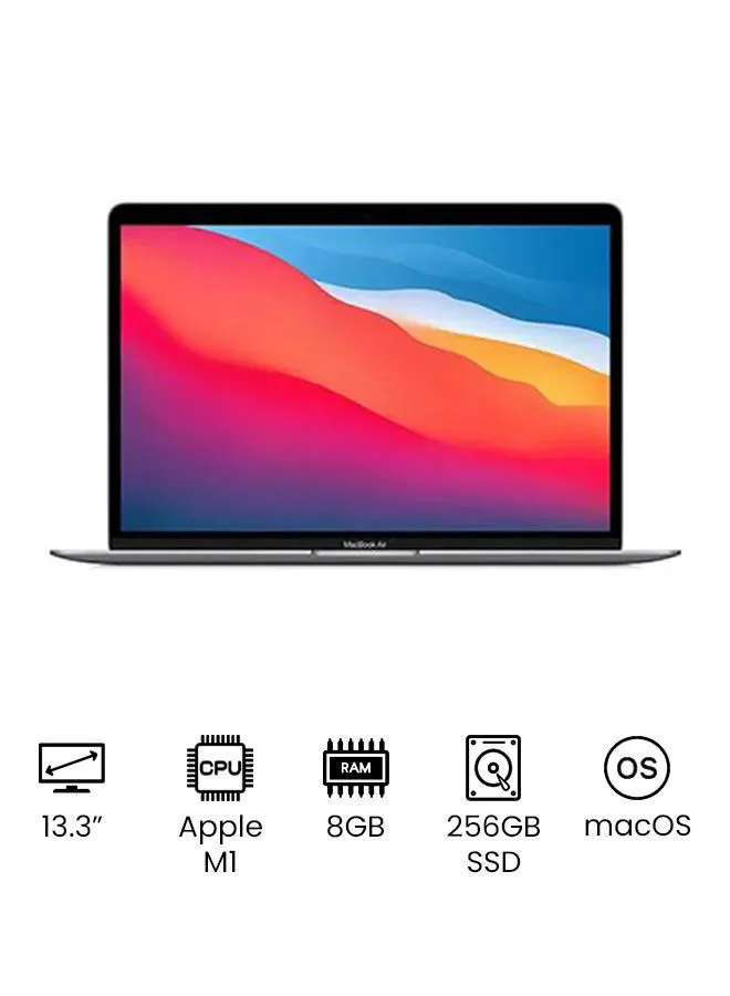 Apple Macbook Air MGN63AB / A شاشة مقاس 13 بوصة وشريحة M1 مع معالج ثماني النواة ورسومات 7 نوى / ذاكرة وصول عشوائي سعة 8 جيجابايت / محرك أقراص صلبة سعة 256 جيجابايت / Mac OS إنجليزي / عربي فضاء رمادي