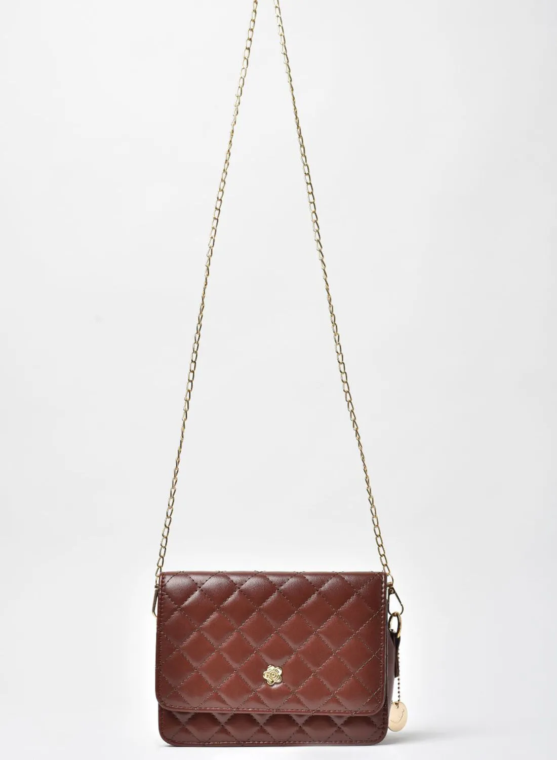 Jove Quilted Pattern Chain Strap Crossbody Bag Brown