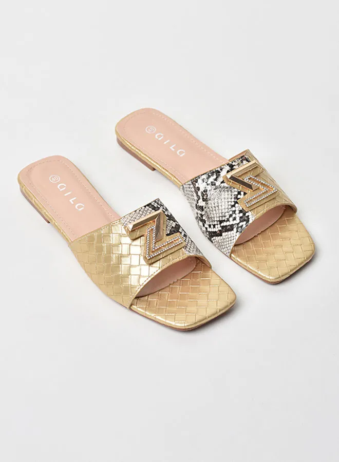 Aila Checked Pattern Broad Strap Flat Sandals Gold