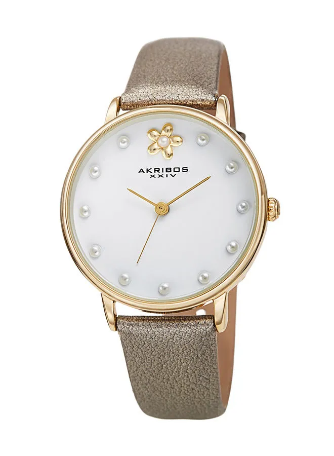 Akribos XXIV Ion Plated Gold Tone Case with Gold Pearlized Strap and White Dial, with Faux Pearl Markers and Daisy