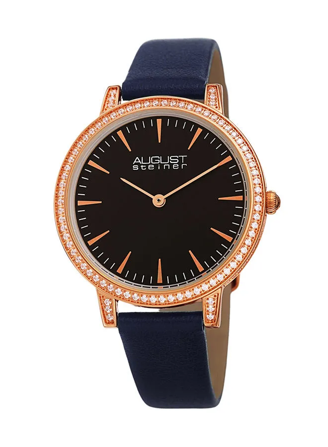 August Steiner Ion Plated Rose Gold Tone Slim Case with Crystals, Bluek Strap and Black Dial