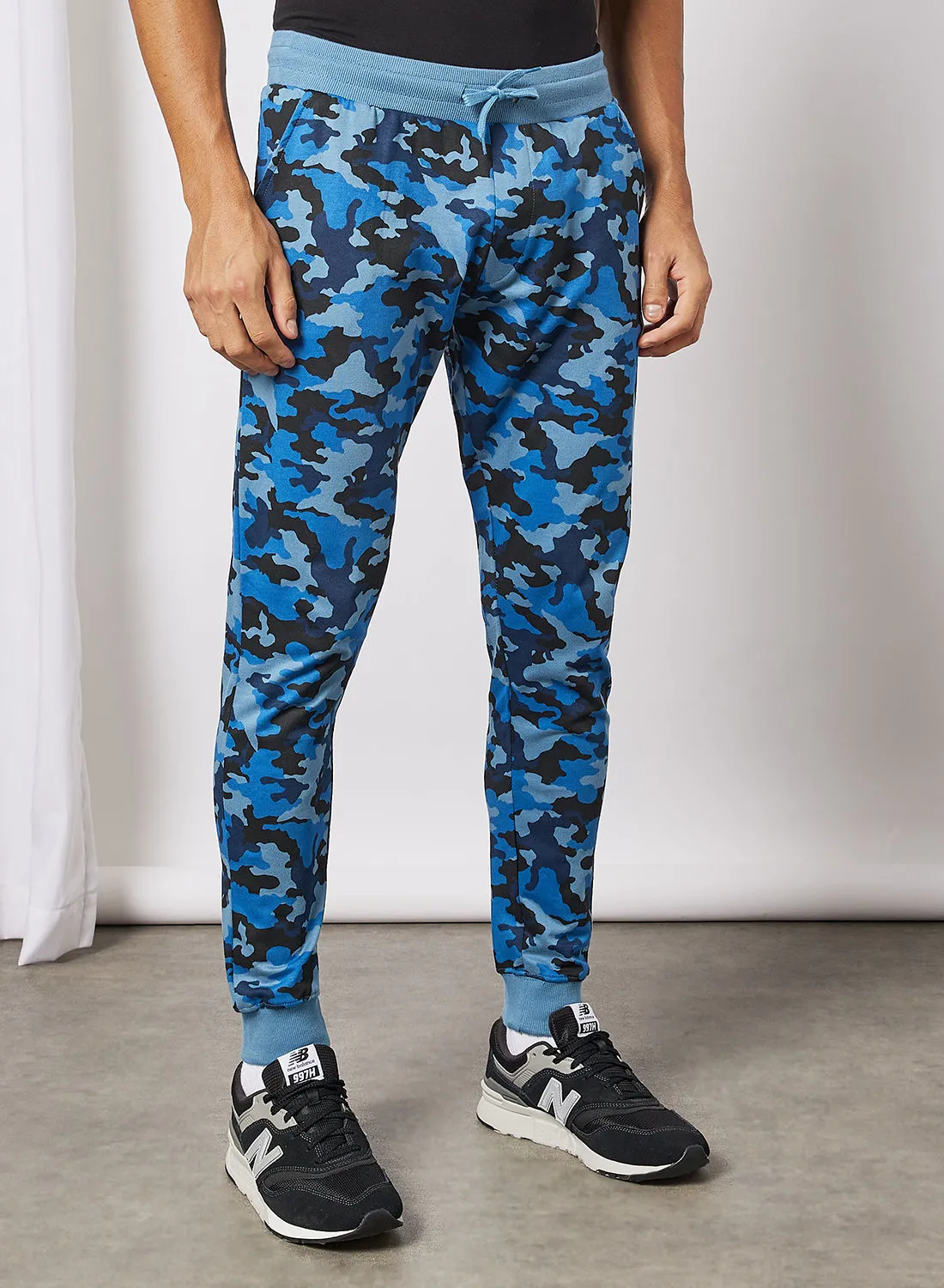 Noon East Men's Basic Casual Printed Joggers with Bottom Rib Deep Aegean