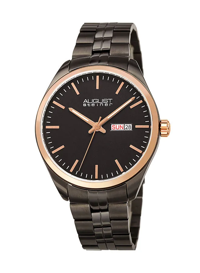 August Steiner Ion Plated Gunmetal Tone Case on Gunmetal Bracelet, with a Black Dial and Rose Gold Tone Hands