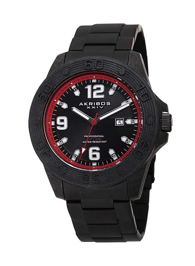 Akribos XXIV Black Ion Plated Carbon Fiber Case on Black Bracelet, Black and Red Dial with Silver Tone Hands