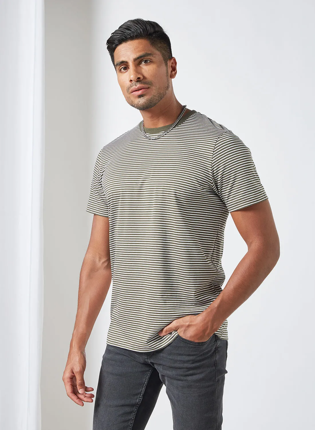 Selected Stripe Print T-Shirt أخضر