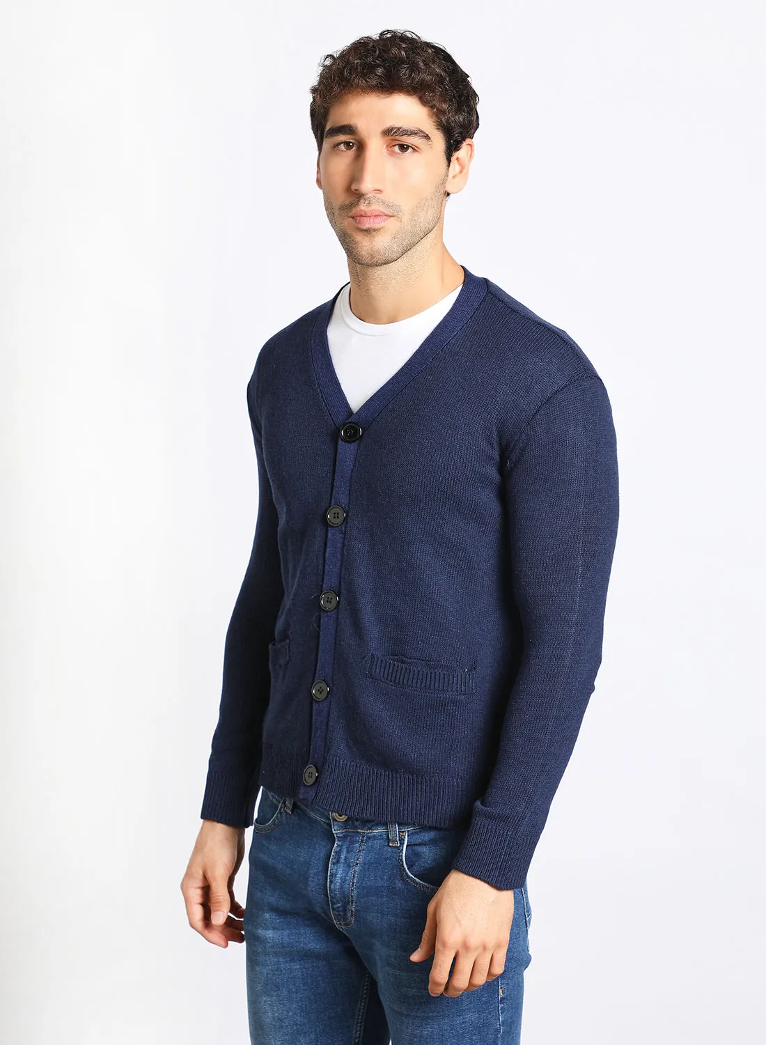 Noon East Men's Solid Button Detailed Wide Collar Full Sleeves Cardigans For Winter With Two Pocket Dark Blue