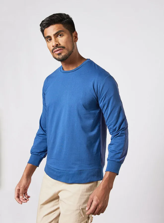 QUWA Mens Solid Pattern Dual Color Block Long Sleeves Crew Neck Pullover Sweatshirt Blue