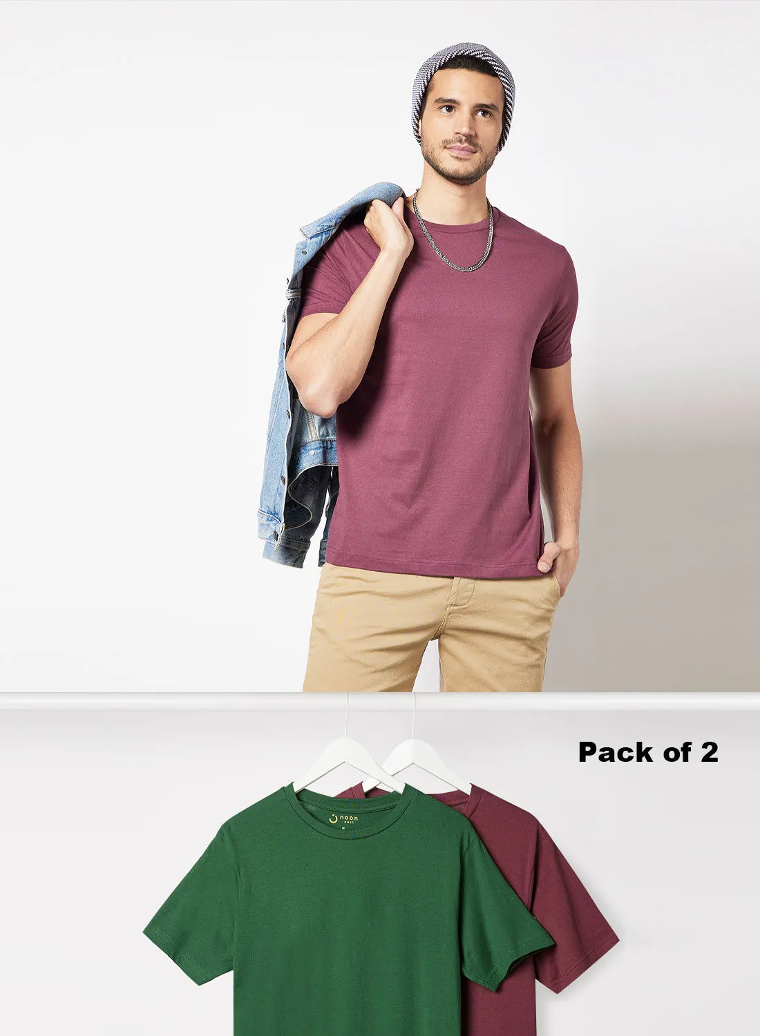 Noon East Pack Of 2 Men's Basic Cotton Biowashed Fabric Crew Neck Comfort Fit Stylish Design T-Shirt Dark Green/Red Maroon