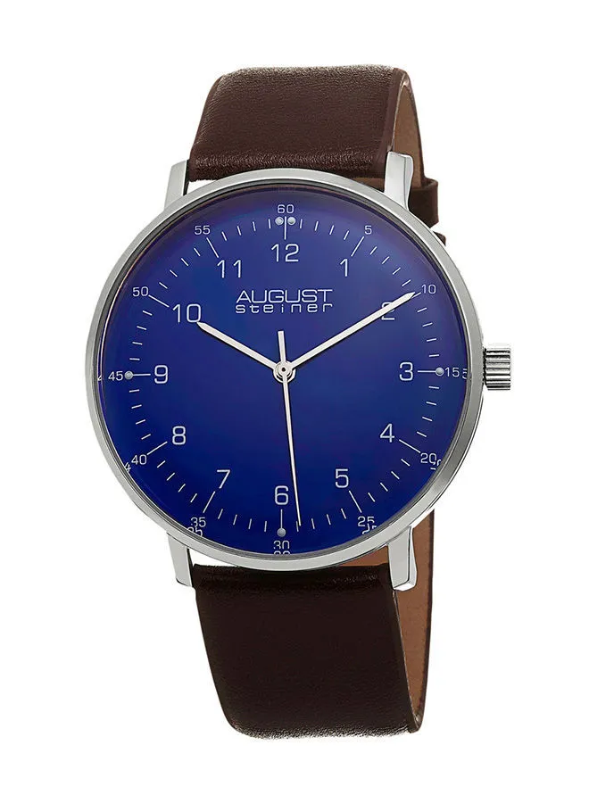 August Steiner Stainless Steel Case on Brown Strap, Blue Dial with Silver Tone Hands