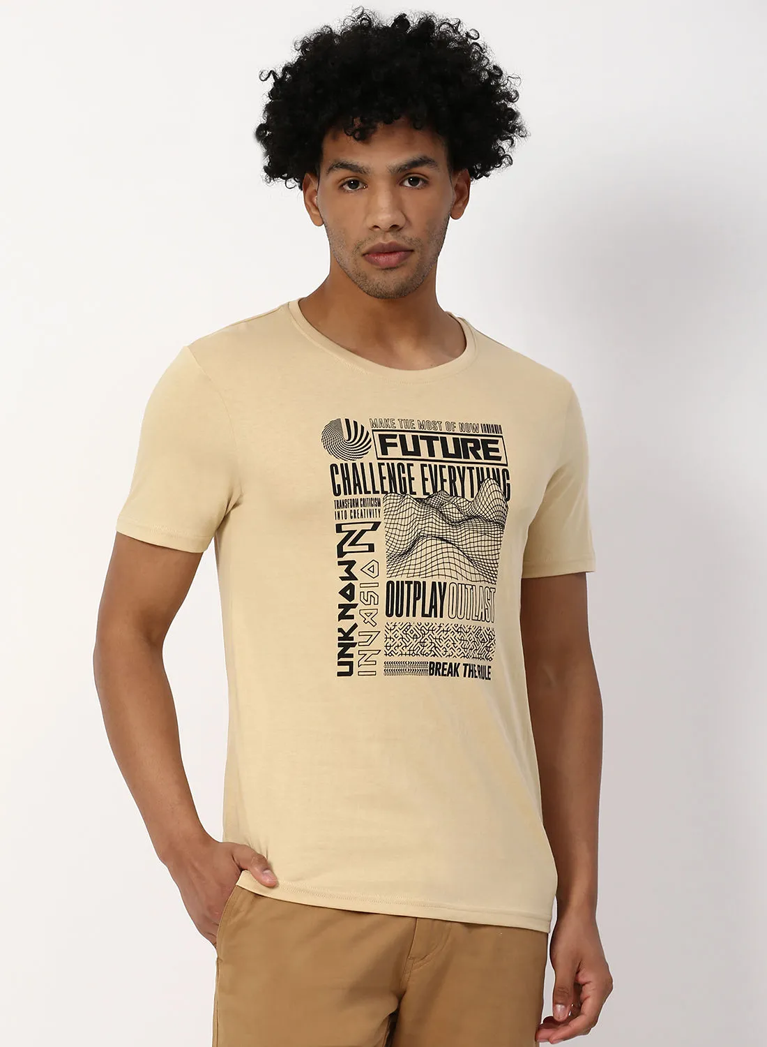 QUWA Placement Printed T-Shirt Beige2