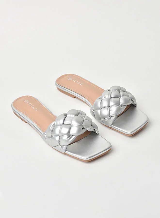 Aila Slip-On Detail Flat Sandals Silver