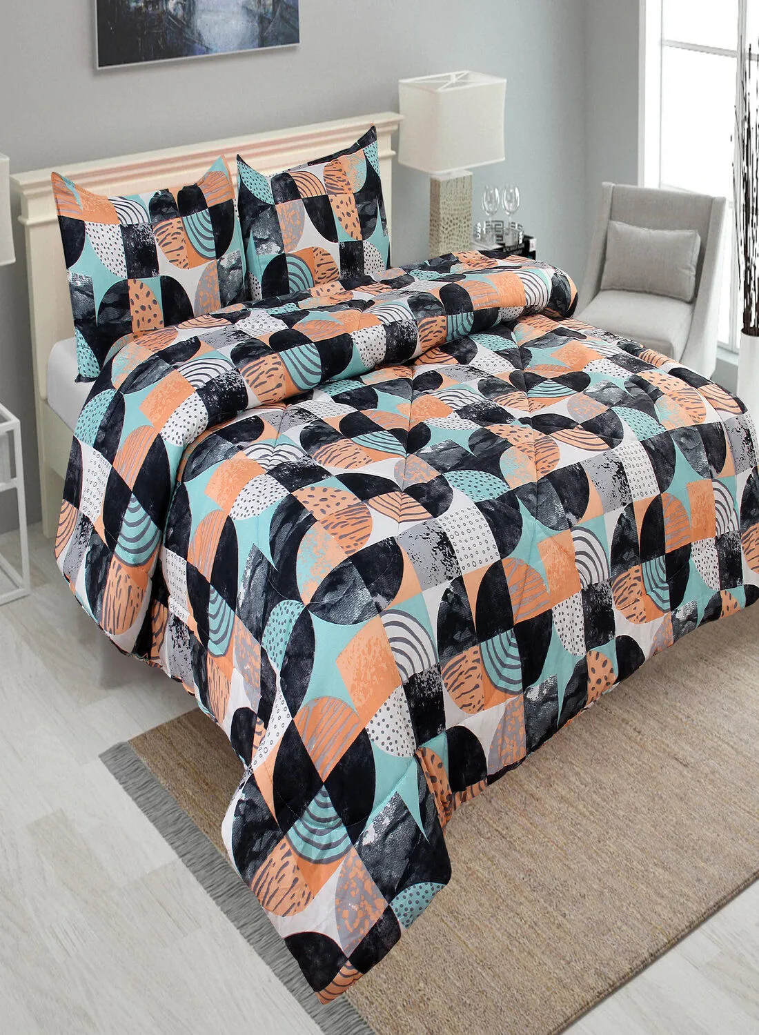 Hometown 3-Piece Geometric Comforter Set 420 GSM 130x210 : 1xPillow Cases 50x70cm Polyester Grey/Black/Orange Single
