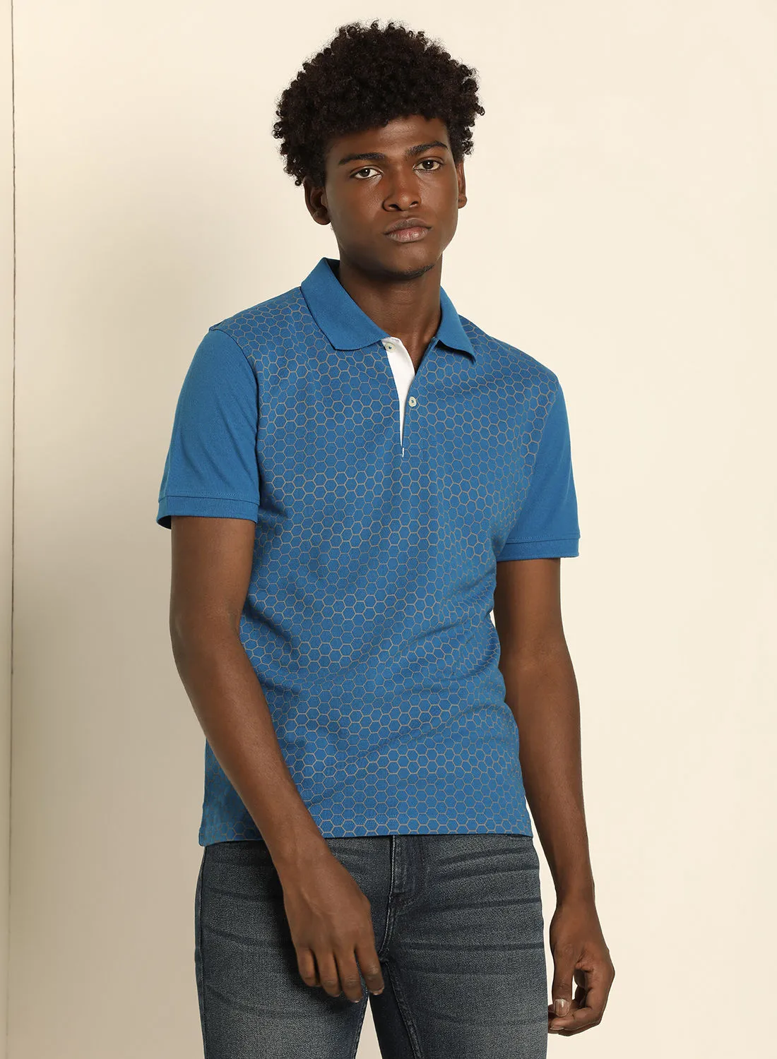 ABOF Snake Printed Regular Fit Collared Neck Polo Deep Sky Blue